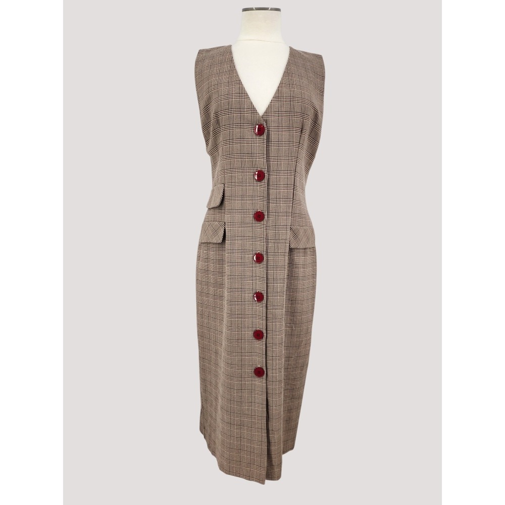 Vintage 90s Houndstooth Plaid Dress Academia Retro Button Front Midi Size 12